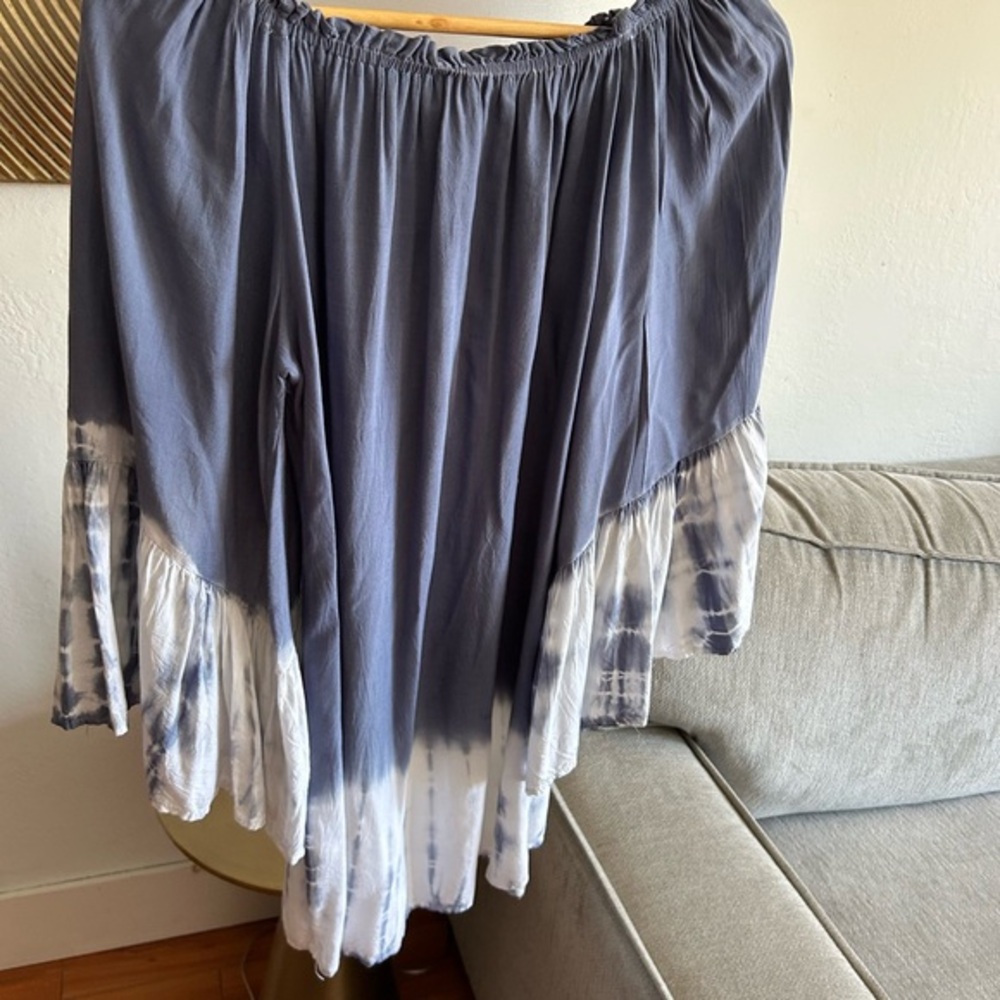 Tie Dye Off Shoulder Beach Mini Dress L Tunic Boho Bell Sleeve